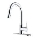 Pull Down Kitchen Faucet with Single Lever Handle and Plastic Deckplate in Chrome Polished Load image into Gallery viewer, Pull Down Kitchen Faucet with Single Lever Handle and Plastic Deckplate in Chrome Polished
