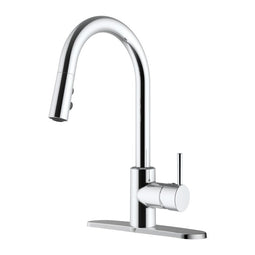 Pull Down Kitchen Faucet with Single Lever Handle and Plastic Deckplate in Chrome Polished Pull Down Kitchen Faucet with Single Lever Handle and Plastic Deckplate in Chrome Polished