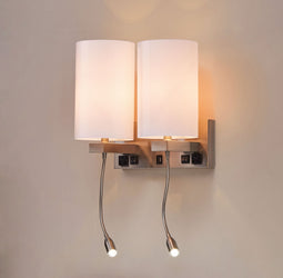 Double Head Acrylic Wall Sconce, Brushed Nickel Finish, With LED 2*1W+1 usb+2 switches+2 outlet Double Head Acrylic Wall Sconce, Brushed Nickel Finish, With LED 2*1W+1 usb+2 switches+2 outlet