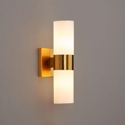 2-Lights, Wall Sconce with White Glass Shade, Brushed Brass Finish, Dimension: L13.5 2-Lights, Wall Sconce with White Glass Shade, Brushed Brass Finish, Dimension: L13.5