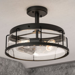 Semi Flush Mount Ceiling Lights, Drum Shape, Matte Black Finish with Clear Glass Shade, E26 Base, UL Listed, 3 Years Warranty Semi Flush Mount Ceiling Lights, Drum Shape, Matte Black Finish with Clear Glass Shade, E26 Base, UL Listed, 3 Years Warranty