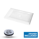 60 L x 36 in. W Double-Threshold Shower Pan Base with Center Drain in High Gloss White Load image into Gallery viewer, 60 L x 36 in. W Double-Threshold Shower Pan Base with Center Drain in High Gloss White
