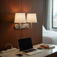 Load image into Gallery viewer, 24"W x 16"H Double Wall Lamp with White Linen Shades – Plated Brushed Nickel Finish - 2 Pack