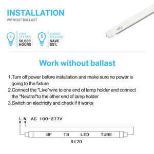 T8 8ft LED Tube/Bulb - 32/36/40/48W Wattage Adjustable, 130lm/w, 3000K/4000K/5000K/6500K CCT Changeable, Clear, R17D Base,- Ballast Bypass