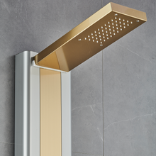 Load image into Gallery viewer, 55 in. 4-Jet Stainless Steel Brushed Gold Shower Panel System w/ Fixed Rainfall Shower Head, Tub Spout &amp; Handheld Shower, Jet Massage