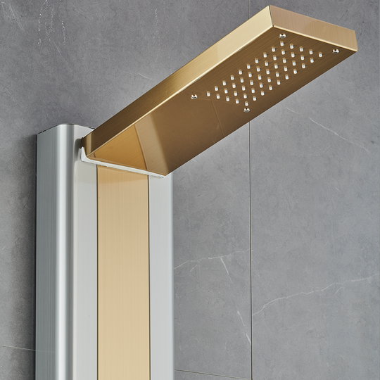 55 in. 4-Jet Stainless Steel Brushed Gold Shower Panel System w/ Fixed Rainfall Shower Head, Tub Spout & Handheld Shower, Jet Massage