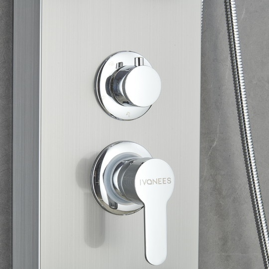 53 in. 6-Jet Stainless Steel Shower Panel System w/ Fixed Rainfall & Waterfall Shower Head, Tub Spout & Handheld, Jet Massage Feature