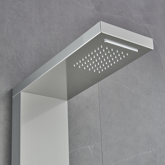 53 in. 6-Jet Stainless Steel Shower Panel System w/ Fixed Rainfall & Waterfall Shower Head, Tub Spout & Handheld, Jet Massage Feature