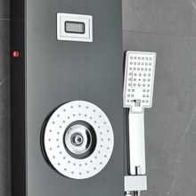 Load image into Gallery viewer, 55 in. 6-Jet Stainless Steel Matte Black Shower Panel System w/ Fixed LED Rainfall &amp; Waterfall Showerhead, Temp Display, Tub Spout &amp; Handheld