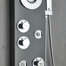 Load image into Gallery viewer, 55 in. 6-Jet Stainless Steel Matte Black Shower Panel System w/ Fixed LED Rainfall &amp; Waterfall Showerhead, Temp Display, Tub Spout &amp; Handheld