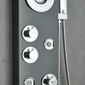 55 in. 6-Jet Stainless Steel Matte Black Shower Panel System w/ Fixed LED Rainfall & Waterfall Showerhead, Temp Display, Tub Spout & Handheld