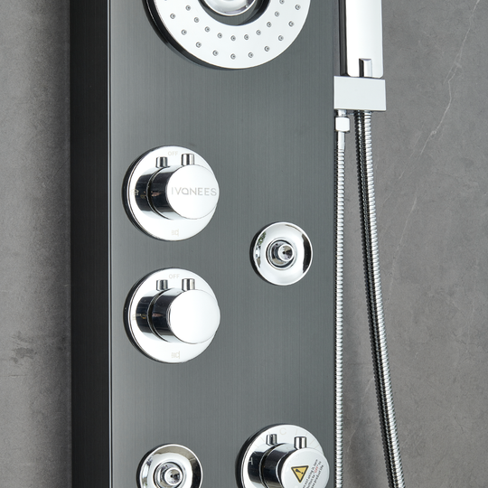 55 in. 6-Jet Stainless Steel Matte Black Shower Panel System w/ Fixed LED Rainfall & Waterfall Showerhead, Temp Display, Tub Spout & Handheld