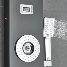 Load image into Gallery viewer, 55 in. 6-Jet Stainless Steel Matte Black Shower Panel System w/ Fixed LED Rainfall &amp; Waterfall Showerhead, Temp Display, Tub Spout &amp; Handheld