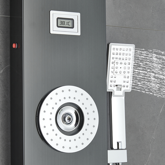 55 in. 6-Jet Stainless Steel Matte Black Shower Panel System w/ Fixed LED Rainfall & Waterfall Showerhead, Temp Display, Tub Spout & Handheld
