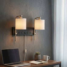 Load image into Gallery viewer, 17.5″W x 13″H Double Wall Lamp with White Linen Shades – Matte Black or Brushed Nickel Finish - 2 Pack - LEDMyPlace