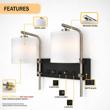 Load image into Gallery viewer, 17.5″W x 13″H Double Wall Lamp with White Linen Shades – Matte Black or Brushed Nickel Finish - 2 Pack - LEDMyPlace
