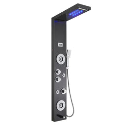 55 in. 6-Jet Stainless Steel Matte Black Shower Panel System w/ Fixed LED Rainfall & Waterfall Showerhead, Temp Display, Tub Spout & Handheld