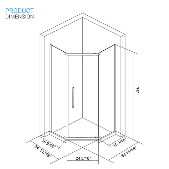 Ivanees 36 In. x 76 In. Neo-Angle Pivot Semi-Frameless Corner Shower Enclosure in Stainless Steel with 8mm Clear Tempered Glass