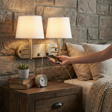 Load image into Gallery viewer, 24"W x 16"H Double Wall Lamp with White Linen Shades – Plated Brushed Nickel Finish - 2 Pack - LEDMyPlace