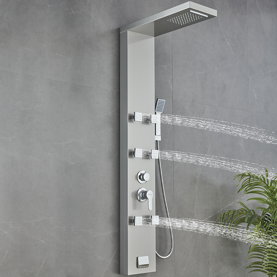 53 in. 6-Jet Stainless Steel Shower Panel System w/ Fixed Rainfall & Waterfall Shower Head, Tub Spout & Handheld, Jet Massage Feature