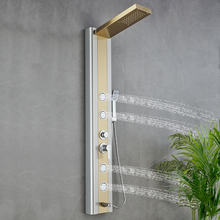 Load image into Gallery viewer, 55 in. 4-Jet Stainless Steel Brushed Gold Shower Panel System w/ Fixed Rainfall Shower Head, Tub Spout &amp; Handheld Shower, Jet Massage
