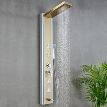 Load image into Gallery viewer, 55 in. 4-Jet Stainless Steel Brushed Gold Shower Panel System w/ Fixed Rainfall Shower Head, Tub Spout &amp; Handheld Shower, Jet Massage