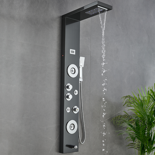 55 in. 6-Jet Stainless Steel Matte Black Shower Panel System w/ Fixed LED Rainfall & Waterfall Showerhead, Temp Display, Tub Spout & Handheld