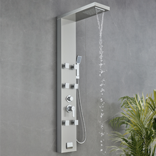 Load image into Gallery viewer, 53 in. 6-Jet Stainless Steel Shower Panel System w/ Fixed Rainfall &amp; Waterfall Shower Head, Tub Spout &amp; Handheld, Jet Massage Feature