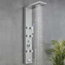 Load image into Gallery viewer, 53 in. 6-Jet Stainless Steel Shower Panel System w/ Fixed Rainfall &amp; Waterfall Shower Head, Tub Spout &amp; Handheld, Jet Massage Feature