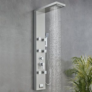 53 in. 6-Jet Stainless Steel Shower Panel System w/ Fixed Rainfall & Waterfall Shower Head, Tub Spout & Handheld, Jet Massage Feature