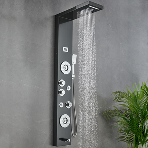 55 in. 6-Jet Stainless Steel Matte Black Shower Panel System w/ Fixed LED Rainfall & Waterfall Showerhead, Temp Display, Tub Spout & Handheld