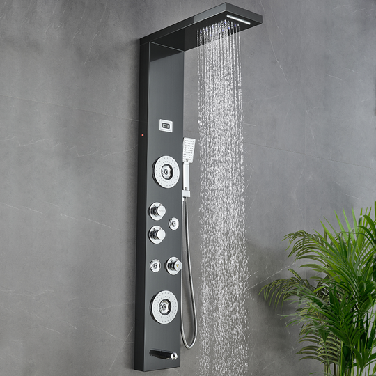 55 in. 6-Jet Stainless Steel Matte Black Shower Panel System w/ Fixed LED Rainfall & Waterfall Showerhead, Temp Display, Tub Spout & Handheld