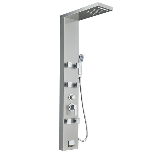 53 in. 6-Jet Stainless Steel Shower Panel System w/ Fixed Rainfall & Waterfall Shower Head, Tub Spout & Handheld, Jet Massage Feature