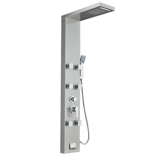 53 in. 6-Jet Stainless Steel Shower Panel System w/ Fixed Rainfall & Waterfall Shower Head, Tub Spout & Handheld, Jet Massage Feature