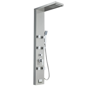 53 in. 6-Jet Stainless Steel Shower Panel System w/ Fixed Rainfall & Waterfall Shower Head, Tub Spout & Handheld, Jet Massage Feature