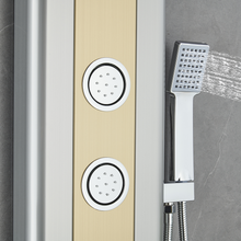 Load image into Gallery viewer, 55 in. 4-Jet Stainless Steel Brushed Gold Shower Panel System w/ Fixed Rainfall Shower Head, Tub Spout &amp; Handheld Shower, Jet Massage