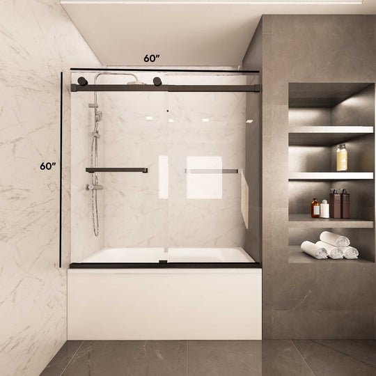 Ivanees Adjustable Semi-Frameless Dual Sliding Glass Bathtub Door with Clear Tempered Glass