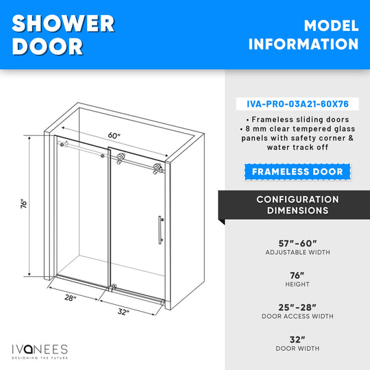 60 x 76 Inch Frameless Wall to Wall Shower Enclosure with One Fixed Glass & One Sliding Door, Clear Tempered Glass: 8mm, Black Finish - PRO