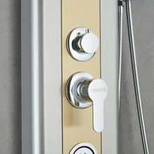 Load image into Gallery viewer, 55 in. 4-Jet Stainless Steel Brushed Gold Shower Panel System w/ Fixed Rainfall Shower Head, Tub Spout &amp; Handheld Shower, Jet Massage