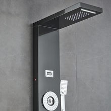 Load image into Gallery viewer, 55 in. 6-Jet Stainless Steel Matte Black Shower Panel System w/ Fixed LED Rainfall &amp; Waterfall Showerhead, Temp Display, Tub Spout &amp; Handheld