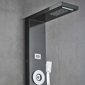 55 in. 6-Jet Stainless Steel Matte Black Shower Panel System w/ Fixed LED Rainfall & Waterfall Showerhead, Temp Display, Tub Spout & Handheld