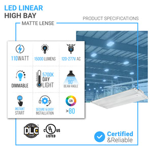 2FT LED Linear High Bay Shop Light, 110W, 5700K, 15000LM, 120-277VAC, 0-10V Dim, UL DLC Listed, Linear Hanging Light for Warehouse Workshops-2 Pack