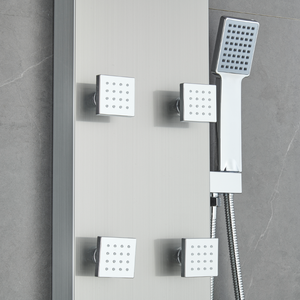 53 in. 6-Jet Stainless Steel Shower Panel System w/ Fixed Rainfall & Waterfall Shower Head, Tub Spout & Handheld, Jet Massage Feature