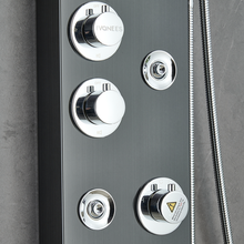Load image into Gallery viewer, 55 in. 6-Jet Stainless Steel Matte Black Shower Panel System w/ Fixed LED Rainfall &amp; Waterfall Showerhead, Temp Display, Tub Spout &amp; Handheld