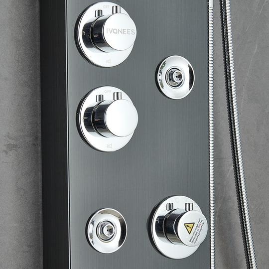 55 in. 6-Jet Stainless Steel Matte Black Shower Panel System w/ Fixed LED Rainfall & Waterfall Showerhead, Temp Display, Tub Spout & Handheld