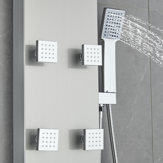 53 in. 6-Jet Stainless Steel Shower Panel System w/ Fixed Rainfall & Waterfall Shower Head, Tub Spout & Handheld, Jet Massage Feature