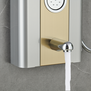 55 in. 4-Jet Stainless Steel Brushed Gold Shower Panel System w/ Fixed Rainfall Shower Head, Tub Spout & Handheld Shower, Jet Massage