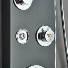 Load image into Gallery viewer, 55 in. 6-Jet Stainless Steel Matte Black Shower Panel System w/ Fixed LED Rainfall &amp; Waterfall Showerhead, Temp Display, Tub Spout &amp; Handheld