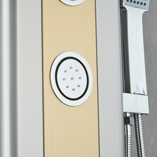 55 in. 4-Jet Stainless Steel Brushed Gold Shower Panel System w/ Fixed Rainfall Shower Head, Tub Spout & Handheld Shower, Jet Massage