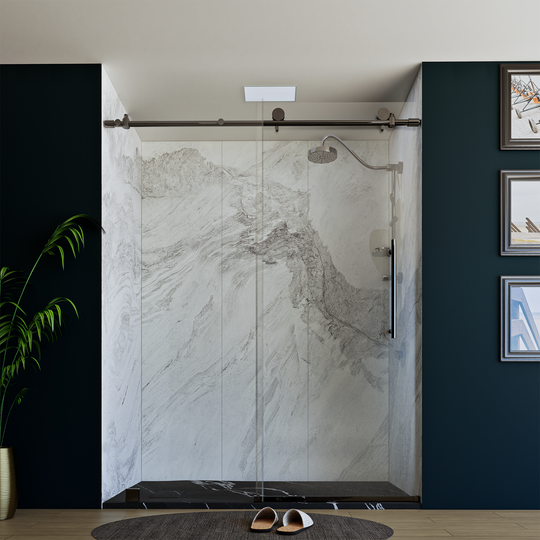 60" X 76" Armani Grey Alcove Shower Wall Kit - Shower Door / Wall System / Solid Surface Shower Base Tray with Covered Drain